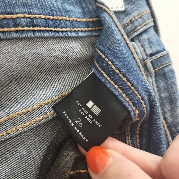 Flying Monkey Distressed Raw Hem Mid-Rise Light Medium Wash Straight Leg Jeans - Picture 7 of 11